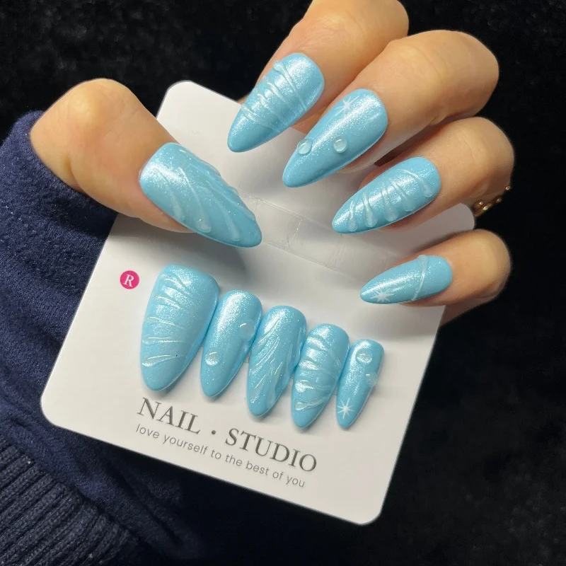 10PCS Simple Blue Almond False Nails Handmade 3D Ripples Glitter Press on Nails White Star Sweet Cool Wearable Nail Manicure Art