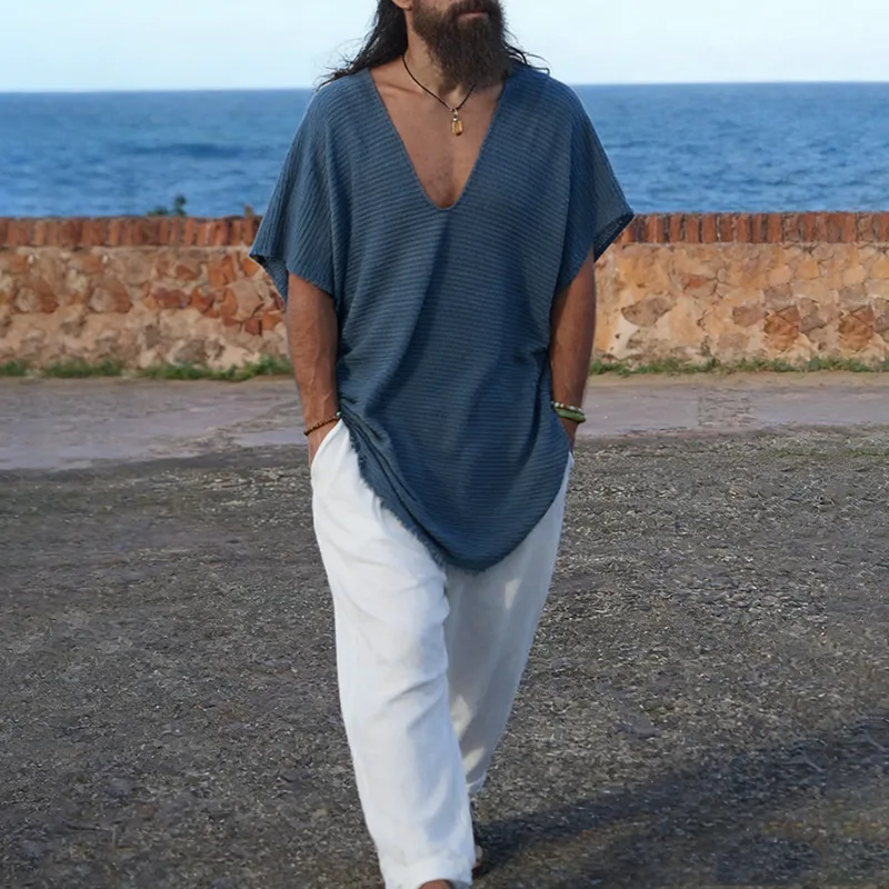 2026 Spring Summer New Men V Neck Casual Loose T Shirt Cross Border Fashion Slim Fit Lazy Design Sense Top