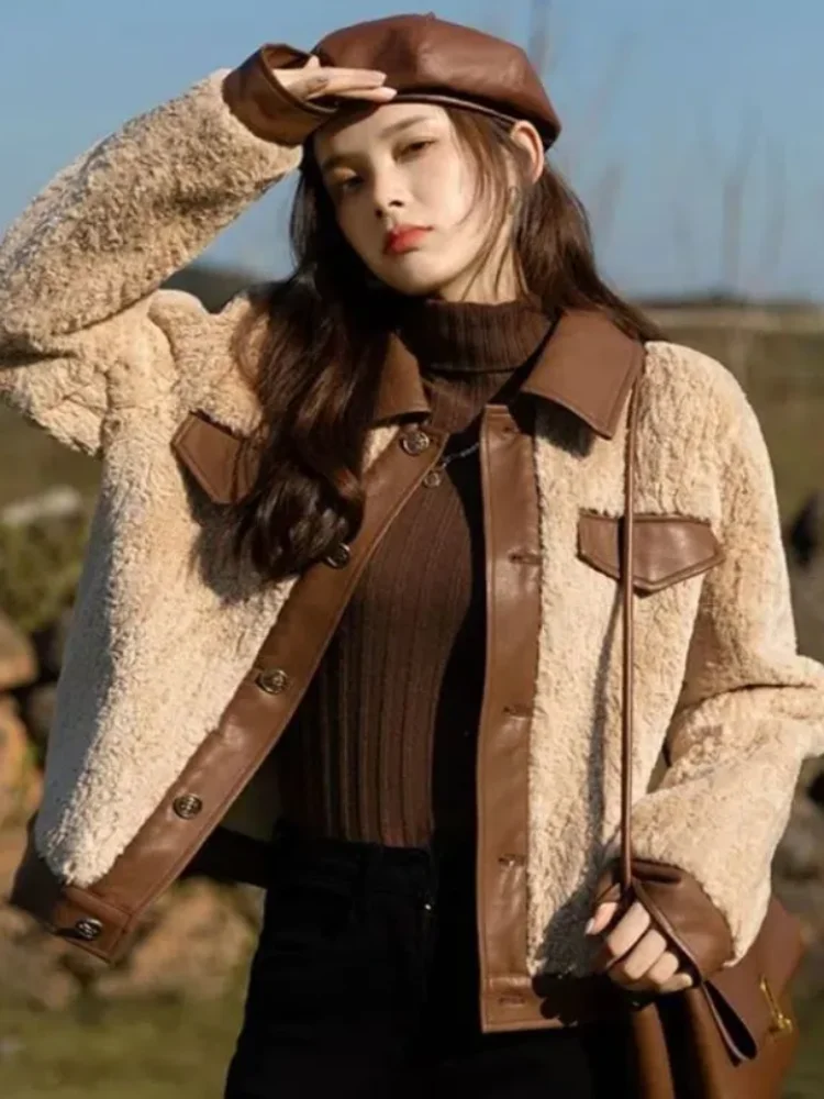 Vintage Fur Jacketเสื้อกันหนาวผู้หญิง2025ใหม่ฤดูใบไม้ร่วงฤดูหนาวเลียนแบบLambswoolหญิงแฟชั่นหลวมเย็บWarm Coat Tops