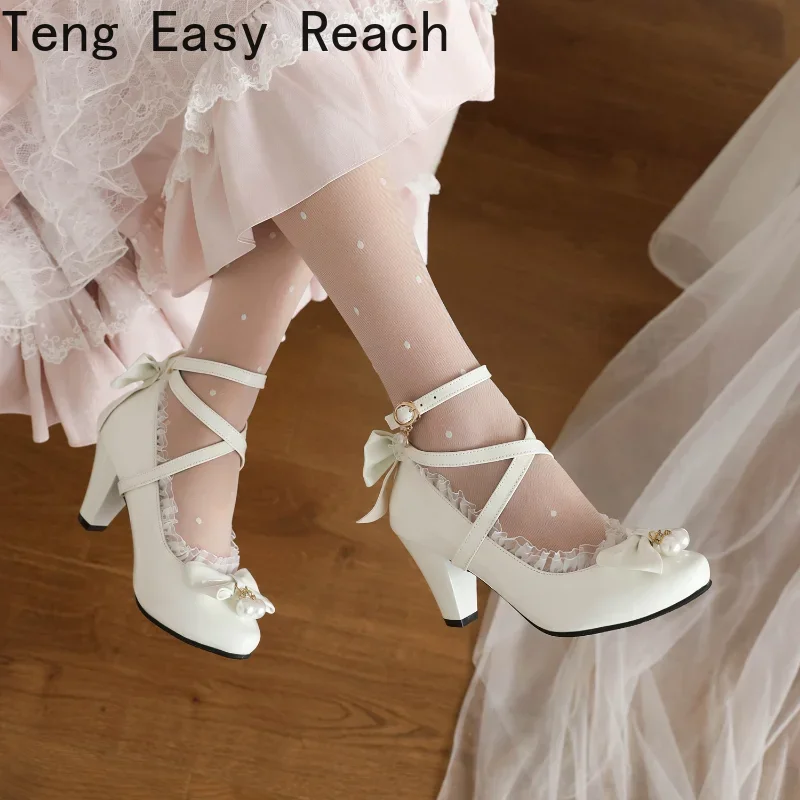 Lolita Cross-strap Wedding Party Shoes for Women High Heel Red White Black Bowties Pearl Pendant Sweet Jk Princess Pumps Ladies