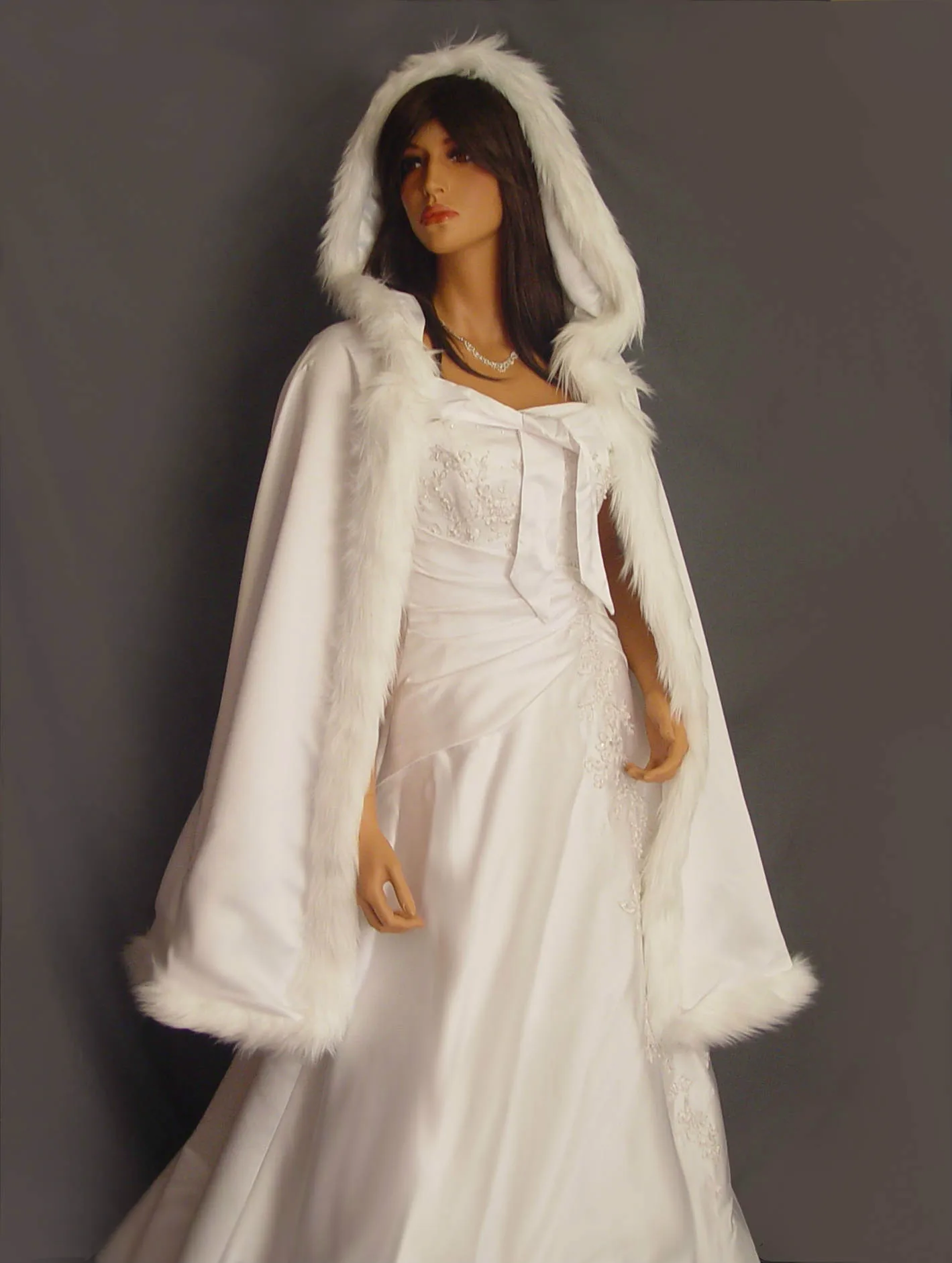 

Fur Trim Satin Cloak Cape Shawl Cover Wedding Coat Renaissance Bridal Mid Length Medieval Wrap Available In White, Ivory ZC090DP