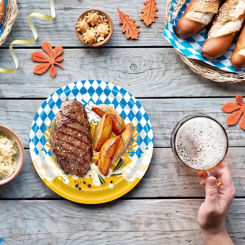 Oktoberfest Gathering Supplies 24PCS Tableware Set For Gathering Blue And White Flag Bavarian Oktoberfest Supplies Serves 24