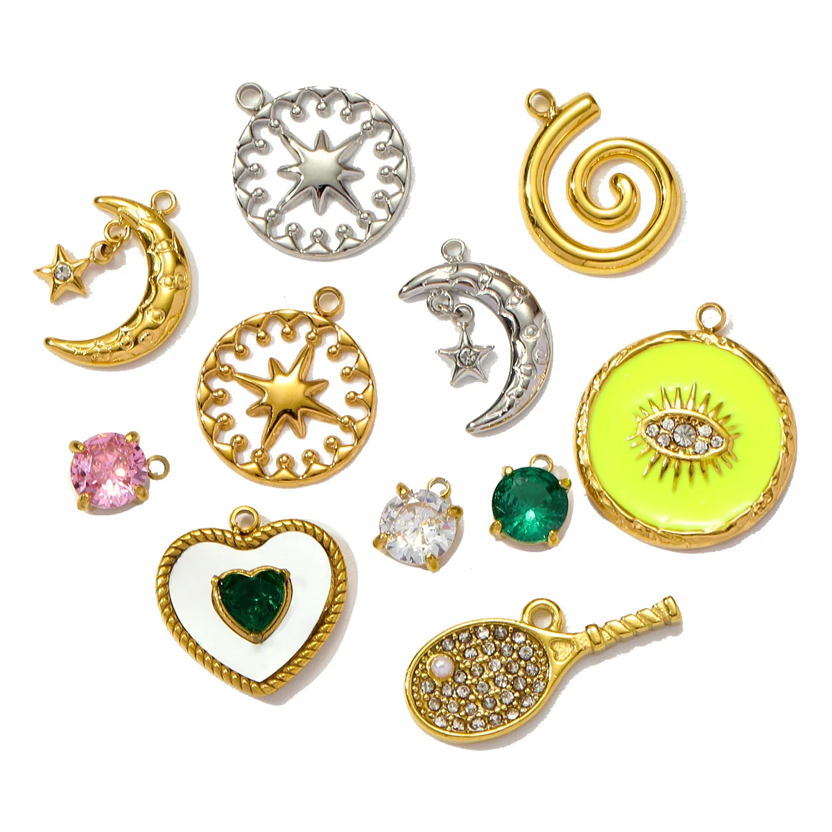 3pcs/Lot French Stainless Steel Cresecent Moon Star Necklace Pendants Round Crystal Diy Charms Tennis Racket Jewelry Wholesale