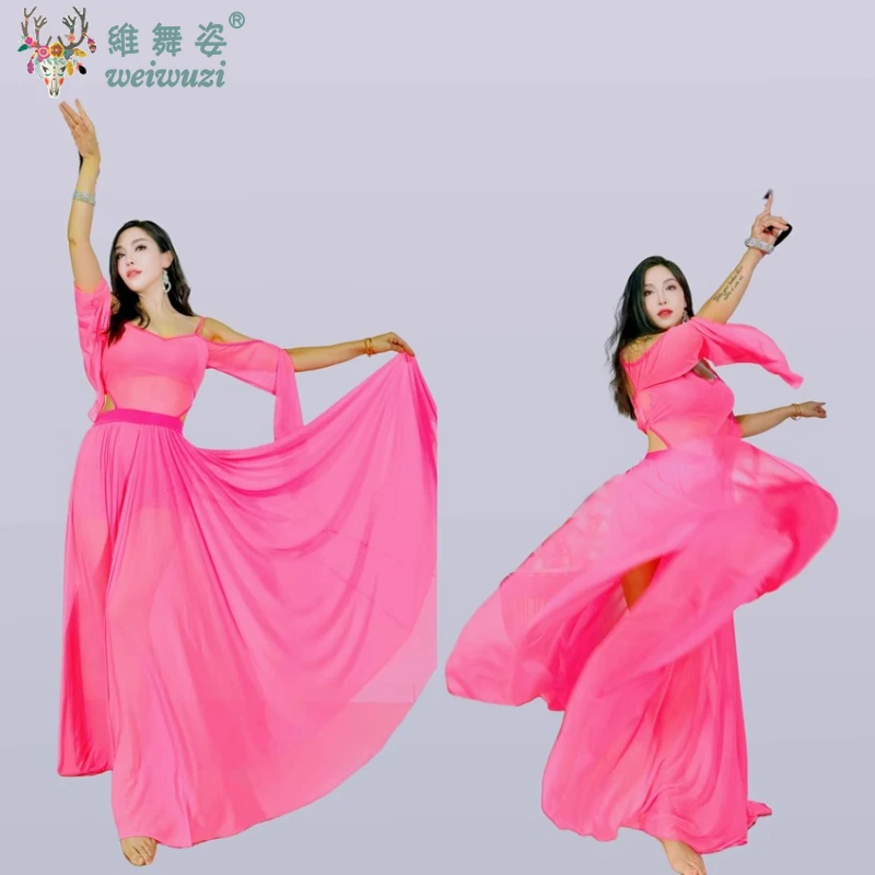 Belly Dance Costume Set for Women Mesh Long Sleeves Top+gauze Long Skirt Training Set Sexy Oriental Belly Dancing Wear Outfit