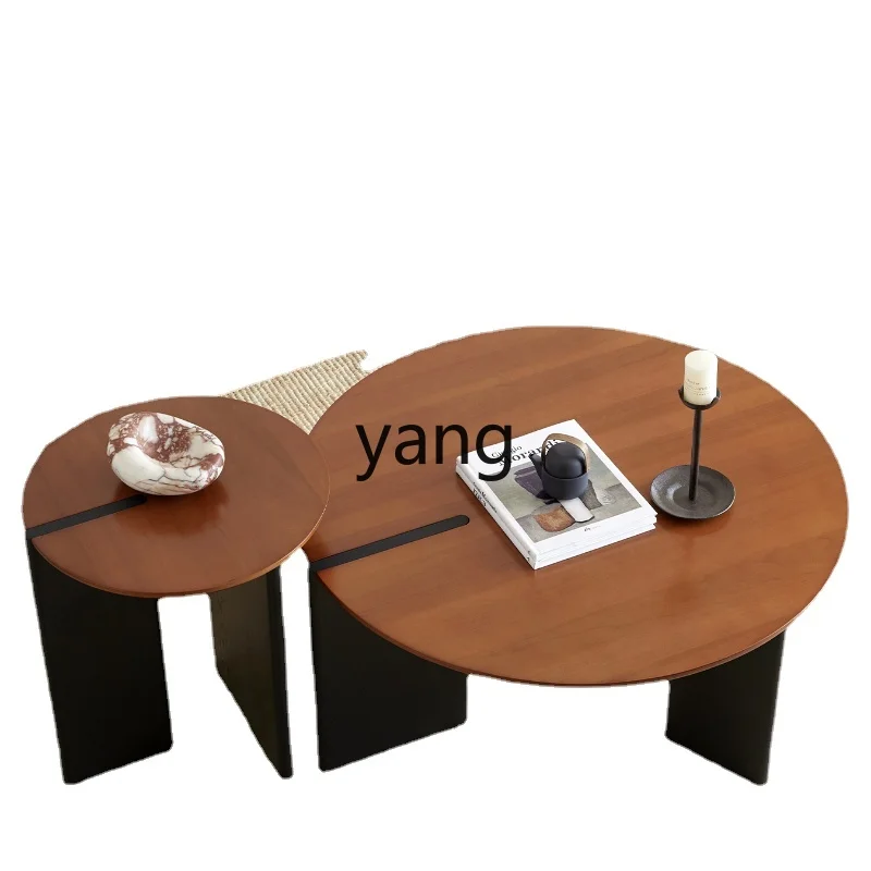 

Yhl Solid Wood Tea Table Combination Living Room Home Small Apartment Minimalist round Tea Table Retro Creative Low Table