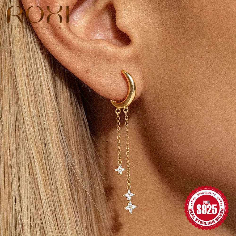 ROXI 1PC S925 Silver Multi Star CZ Dangle Huggie Hoop Tassel Chain Cartilage Piercing Minimalist Drop Daily Earring