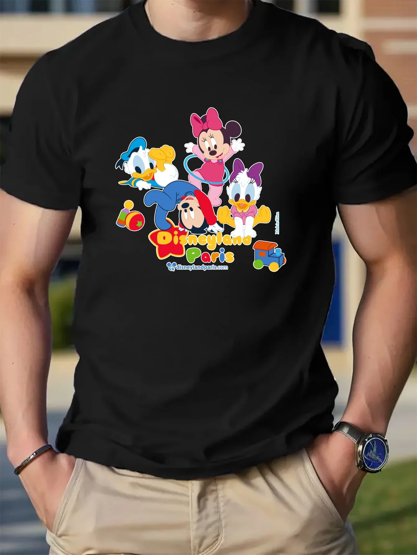Disney T-Shirts Men\'s Casual Cartoon Babies Mickey And Friends Disneyland Paris Regular Fit Knitted Short Sleeve Slight Stretch