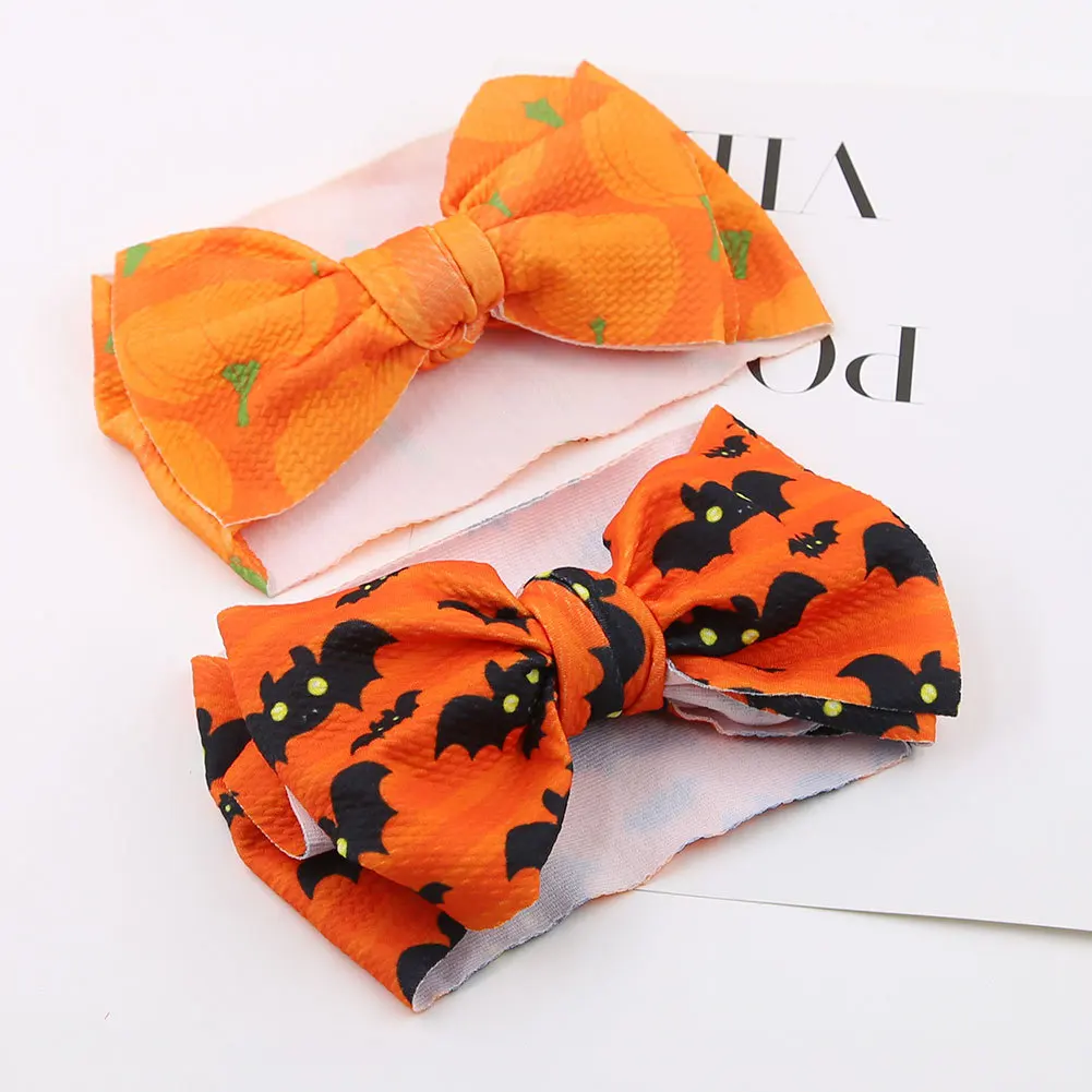 Bulk 24pcs Halloween Headbands for Girls Big Waffle Fabric Bow Turban Skull Pumpkin Bat Print Children's Headwear