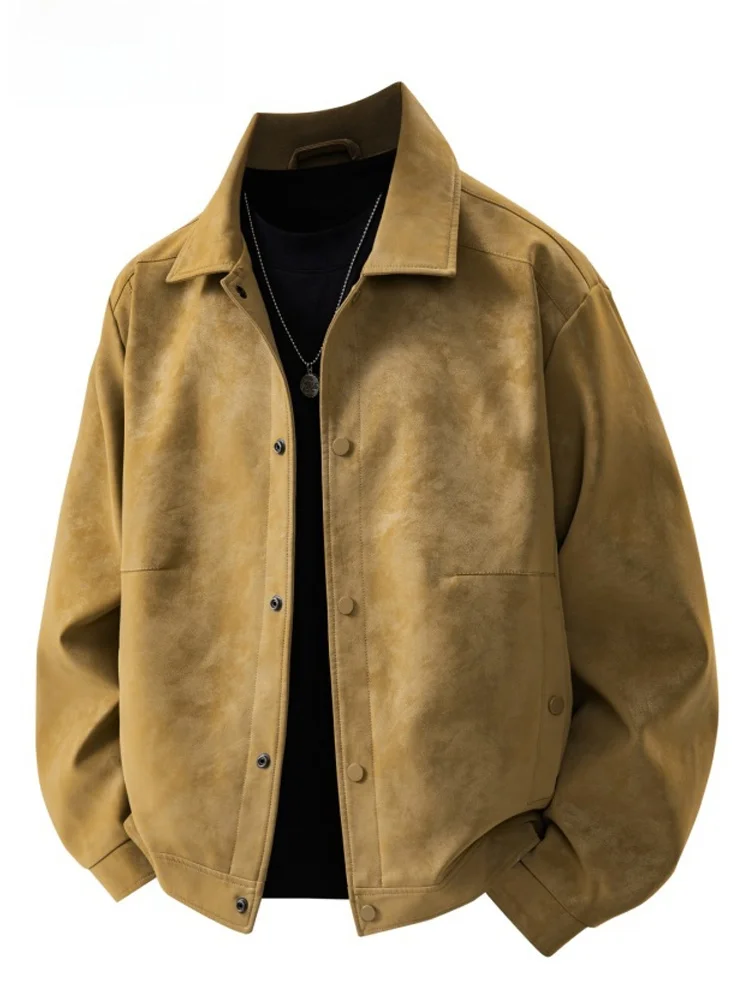 

Men's PU Leather Jaet Collared Workwear Top American Retro Sle Windproof Long Sve Zipper Closure Color Coat