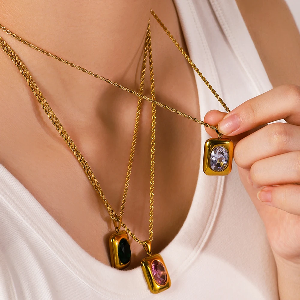 Fashion Gold Color Round Zircon Square Pendant Necklaces Stainless Steel Waterproof Necklace Party Wedding Jewelry for Women