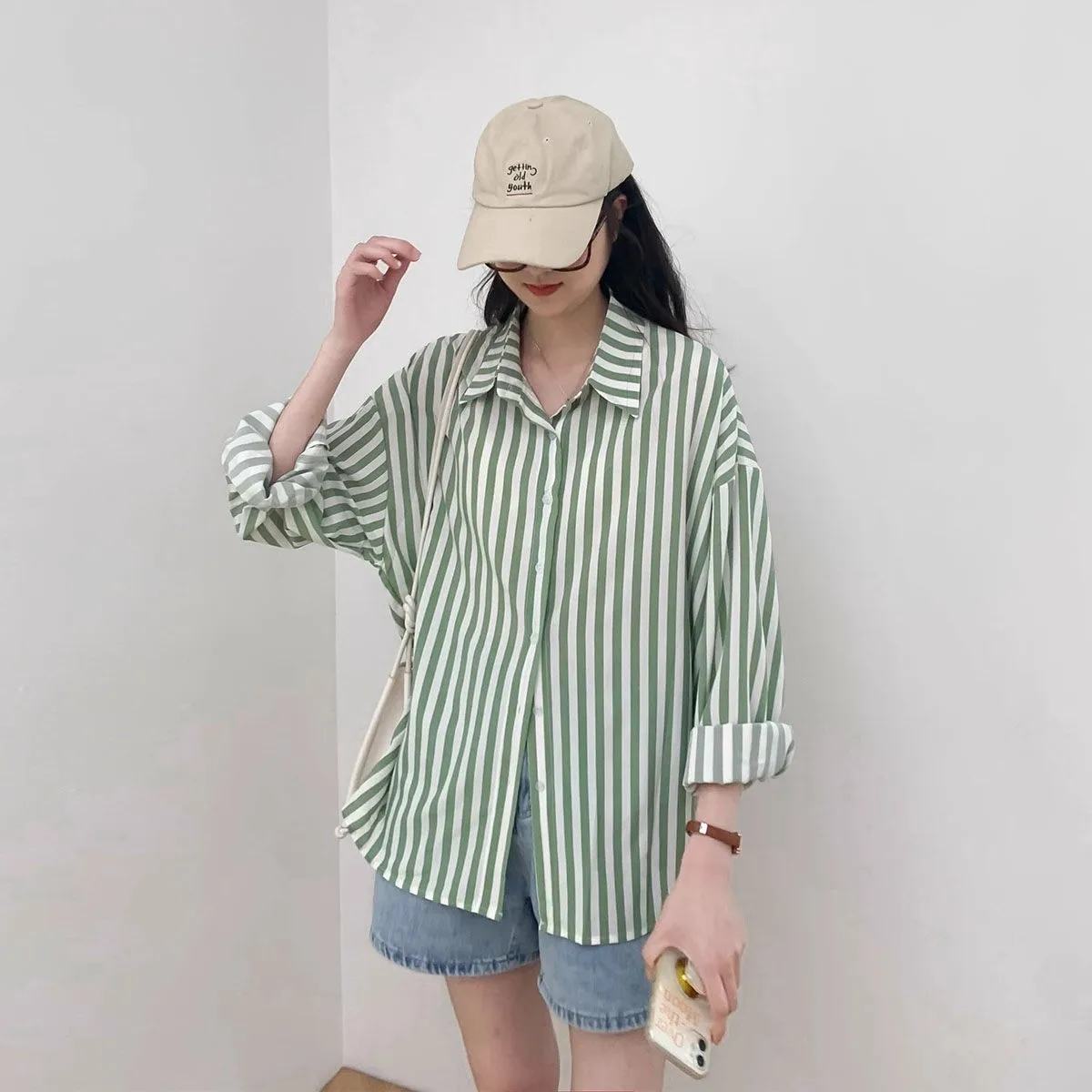 New Fashion Retro Lazy Wind Green Stripe Sunscreen Long sleeved Shirt for Women