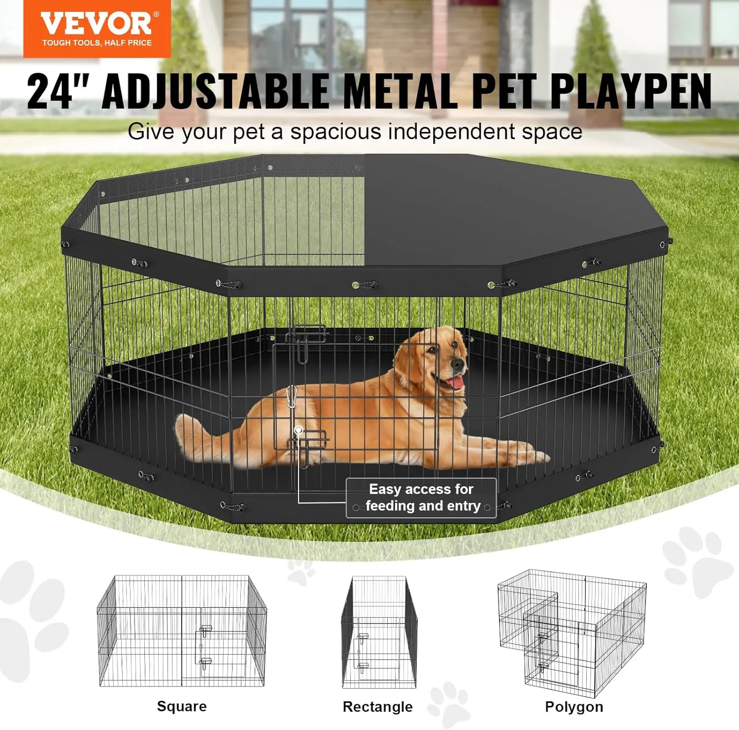 Foldable Metal Dog Exercise Pen, Pet Playpen Dog Fence for Camping with Top Cover and Bottom Pad, 24