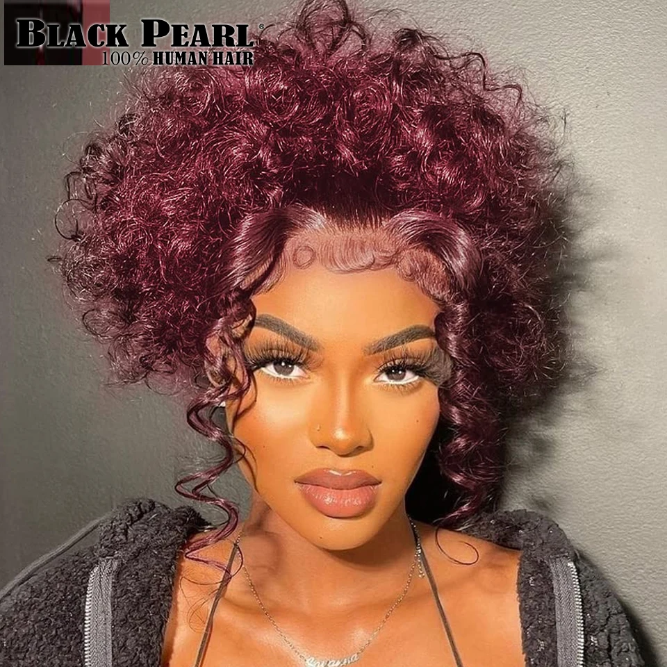 Burgundy Lace Front Wigs Transparent HD Lace Wig Pixie Cut Wigs For Black Women Colored Curly Human Hair Wigs Pre Plucked