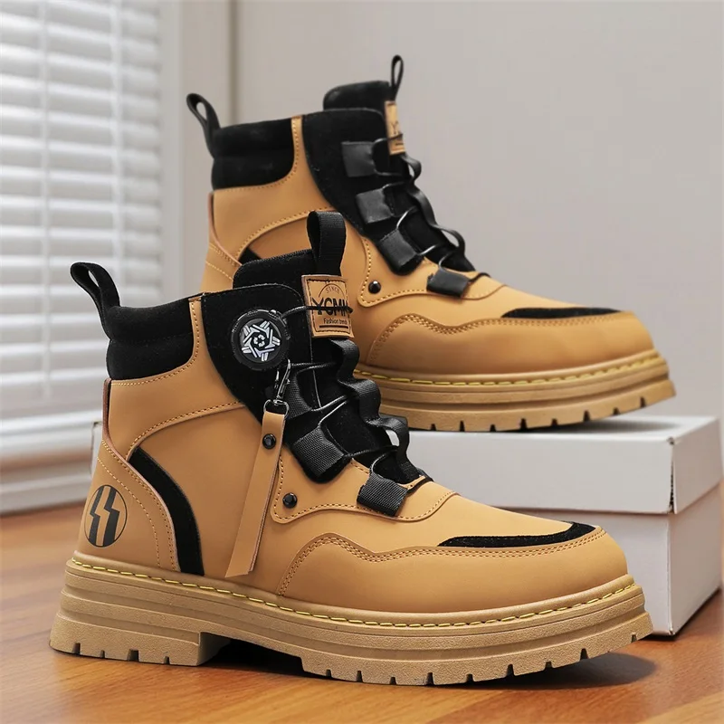 

Новые поступления, мужские ботильоны, мотоциклетные ботинки с вращающейся пряжкой для мужчин, удобные кожаные ботинки, уличная обувь на платформе, высокие байкерские туфли