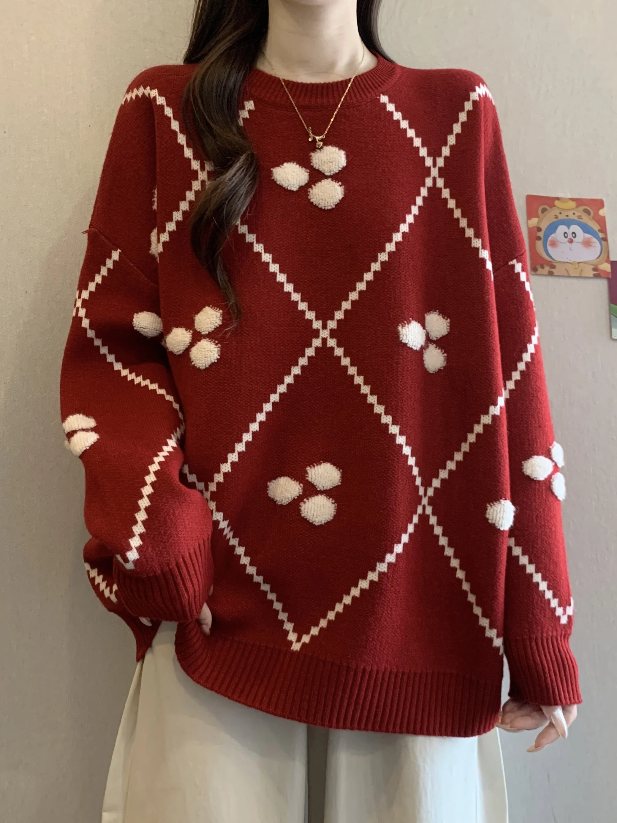 

Red Diamond Pattern Knitted Sweater Women's plus Size Cisas New Year's Aosphere Top Loose Fit Long Sve round Ne