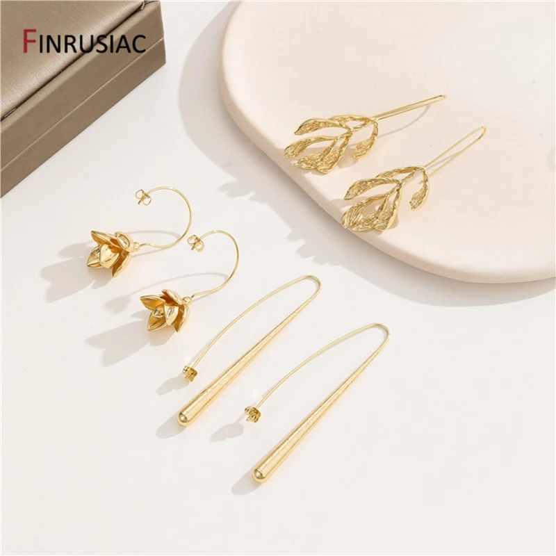 FINRUSIAC Gold Plated Vintage Leaf Earrings For Women Exaggerated Long Stick Hook Earrings Flower Ear Hook Fashion Women Jewelry