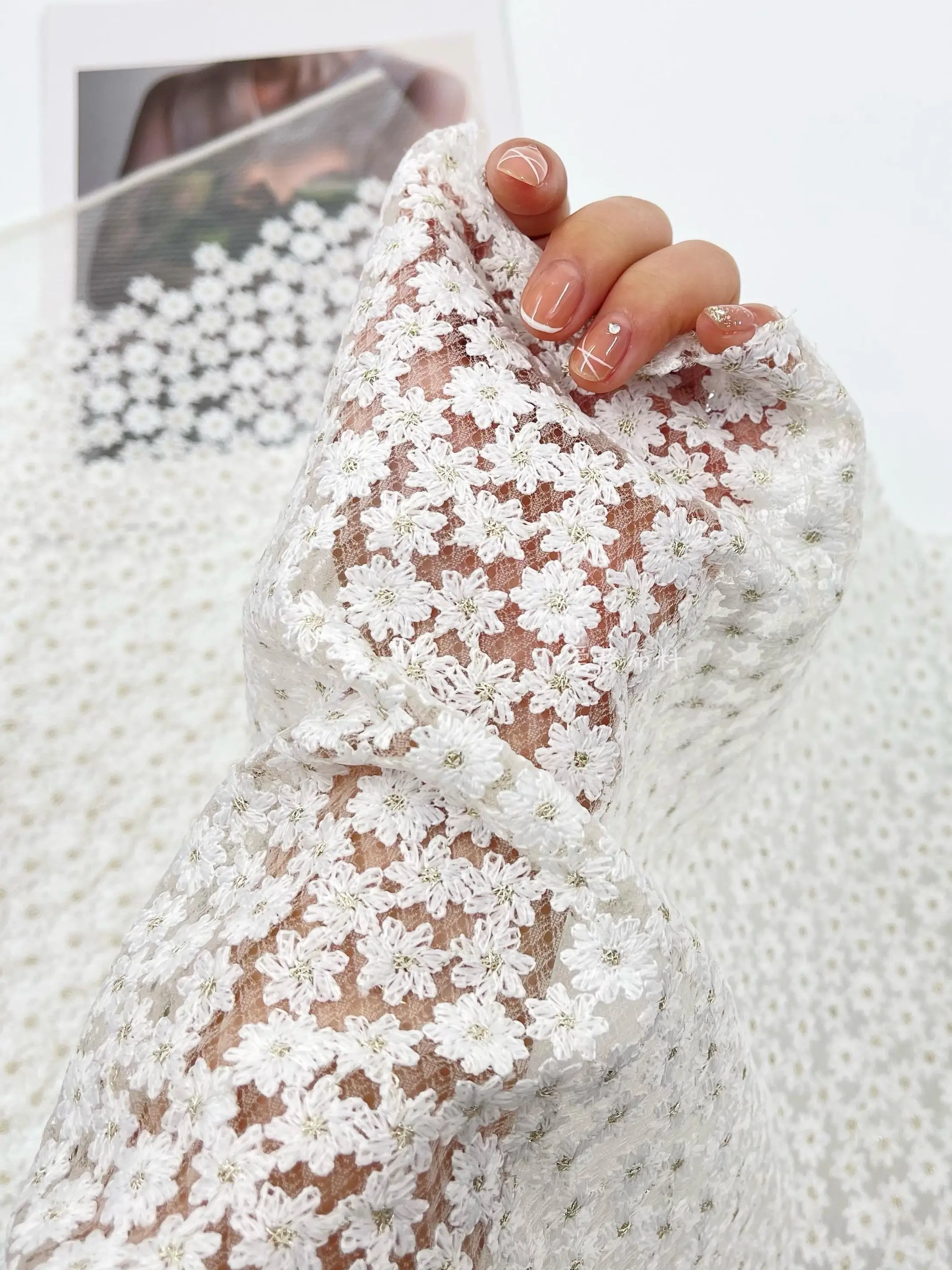 

Starry Sky Exquisite Milk White Rose Embroidery Half Transparent Lace Mesh Fabric Puff Skirt Dress Fabric