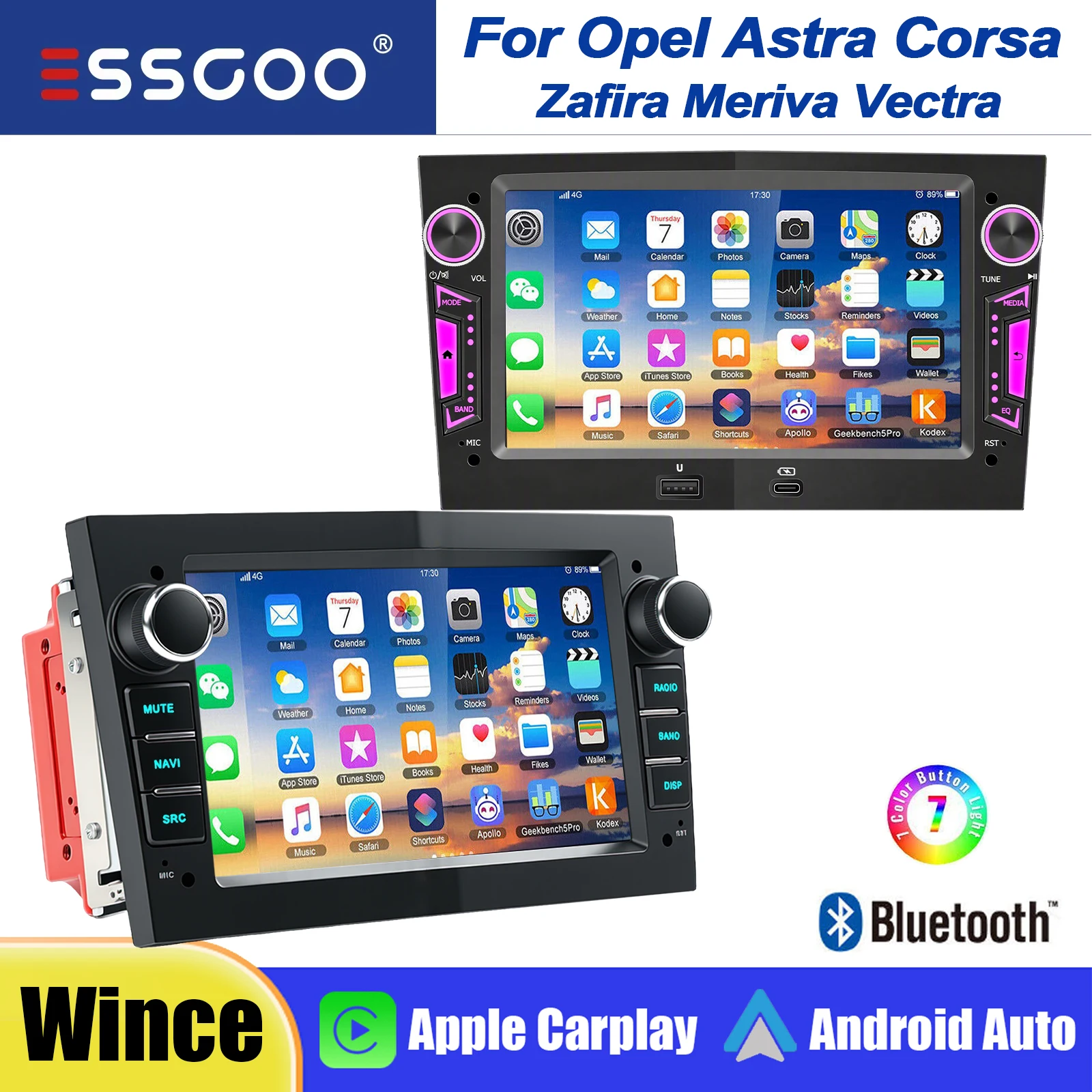 ESSGOO 7" Sistema Wince Carplay Wireless Android Auto per Opel Astra H Corsa C/D Vectra C Zafira B Autoradio GPS Navigazione FM BT WiFi RDS SWC Mirror Link Lettore Multimediale Video Schermo Touch IPS