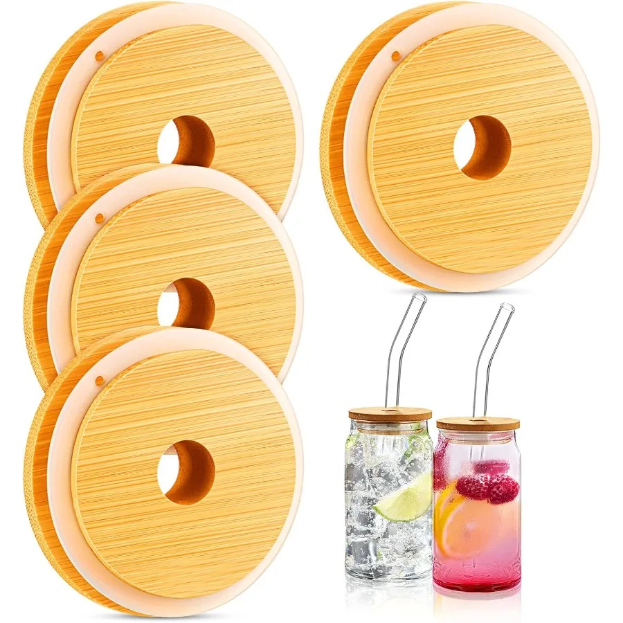 

4 шт., бамбуковые крышки на 16 унций для стеклянных чашек, деревянные крышки для пивных банок, крышки для банок с соломенным отверстием 70 мм/2,75 Ih Replaceme