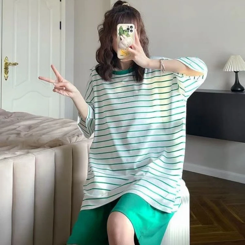 100 кг хлопковые пижамы больших размеров, женские летние полосатые свободные пижамы, домашний костюм, корейская студенческая одежда для отдыха для девочек, которую можно носить на улице