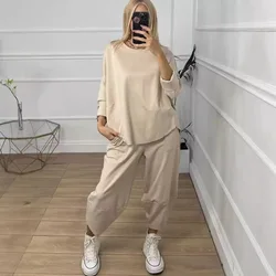 2025Fall Winter Solid Pullover Tops Two Piece Set Leisure Clothing Women O Neck Tops Long Pants Tracksuit Retro Loose Sport Suit
