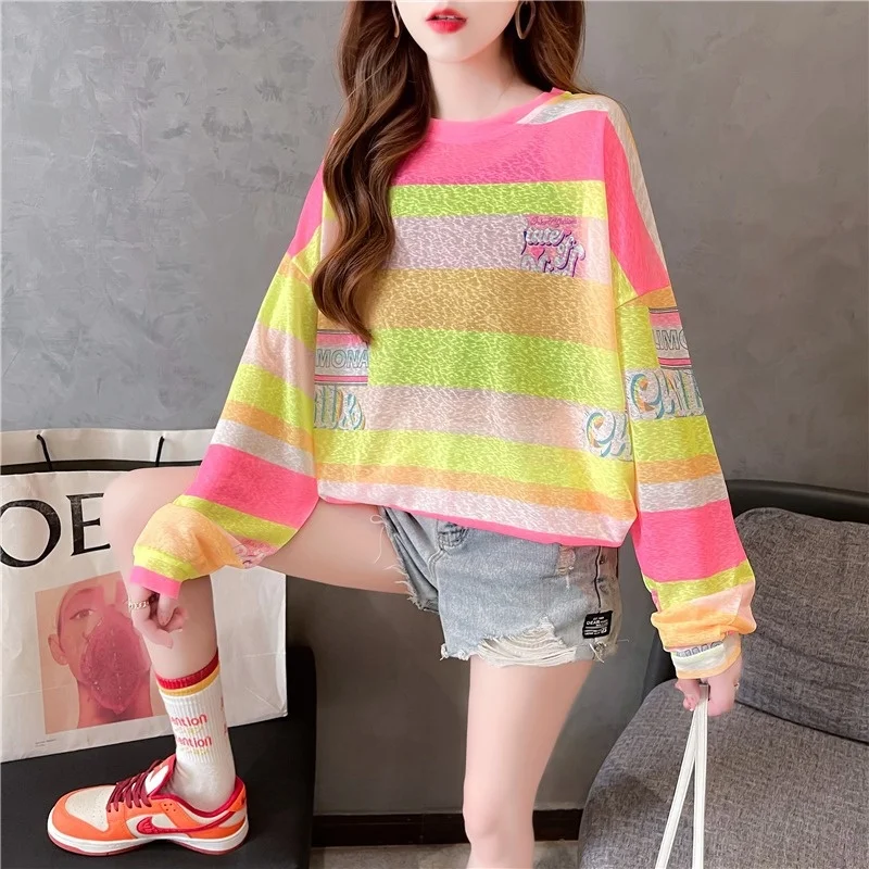 #0643 Sunscreen T Shirt Clorful Stirped Tshirt Long Sleeve Loose Thin Perspective T-Shirt Femme Beach Streetwear Tee Summer 2023