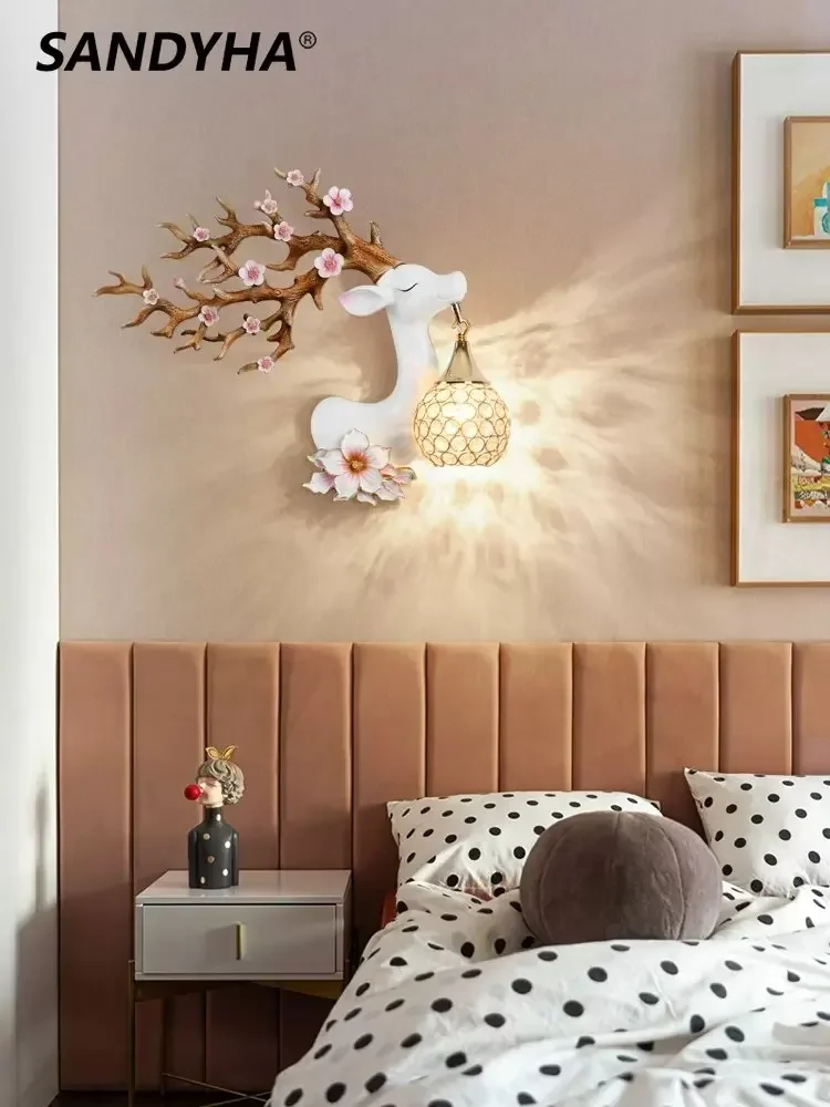 sandyha lucky deer wall lamp with led light resina crystal bracket estilo moderno sala de estar quarto sofa corredor iluminacao decoracao de casa 01