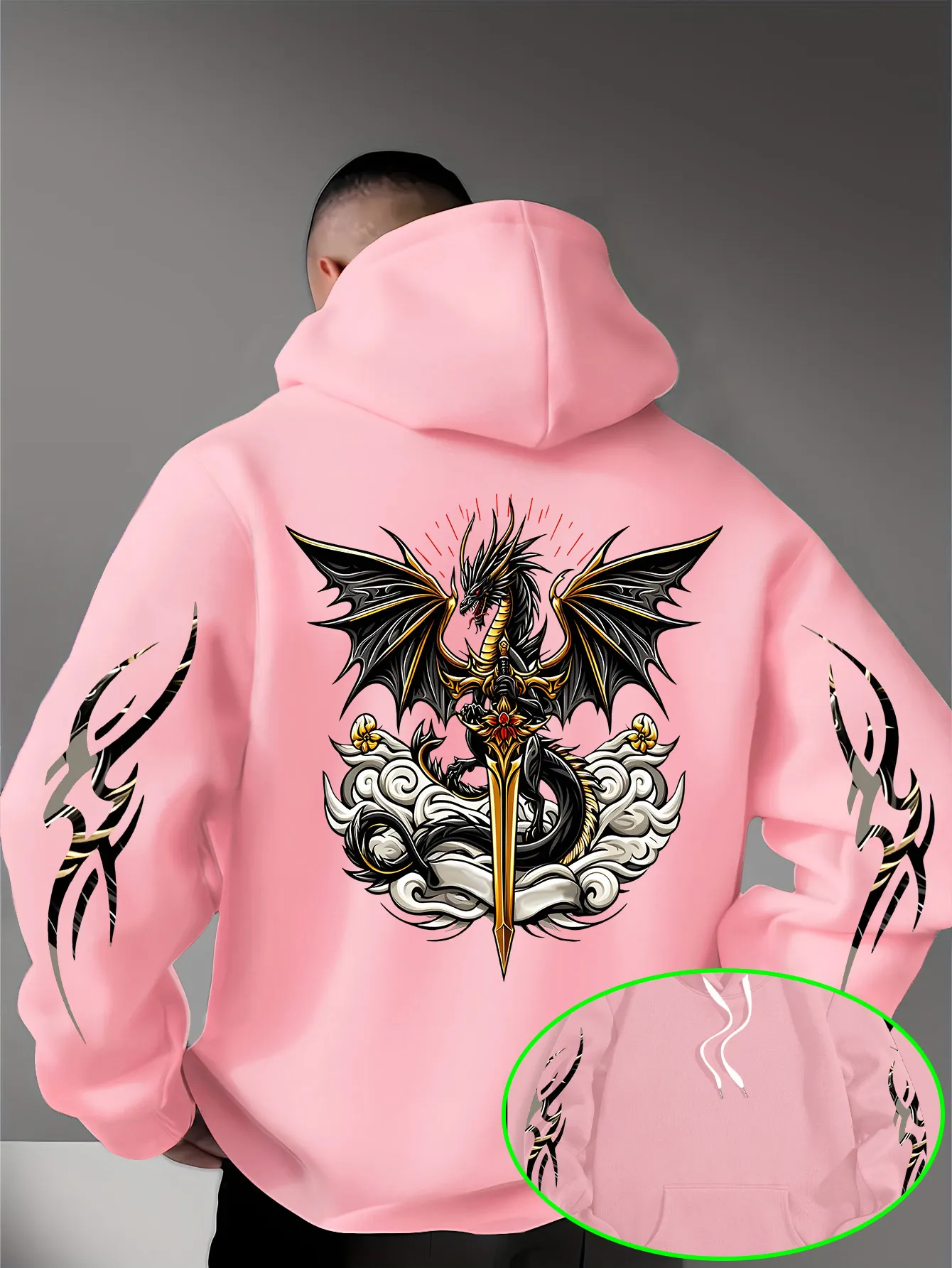 Men's Hooded Sweatshirt with Dragon Sword Print Unique Arm Patch Print Stylish Autumn/winter Casual Wear Versatile for Going Out