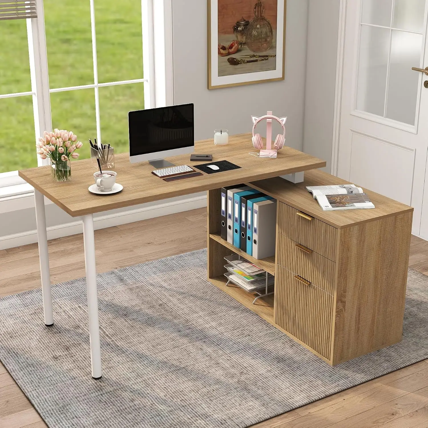 L Shaped Executive Office Desk with Drawers, 53