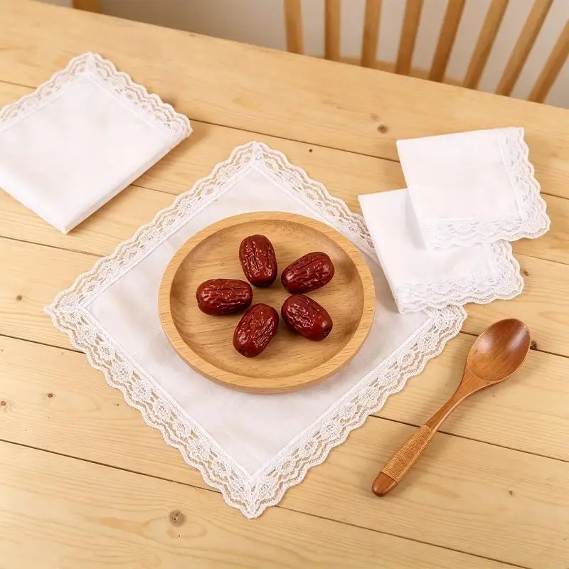 6-Piece White Cotton Handkerchief Set with Plain Centers and Lace-Style Trim for Embroidery and Fabric Painting Y08E