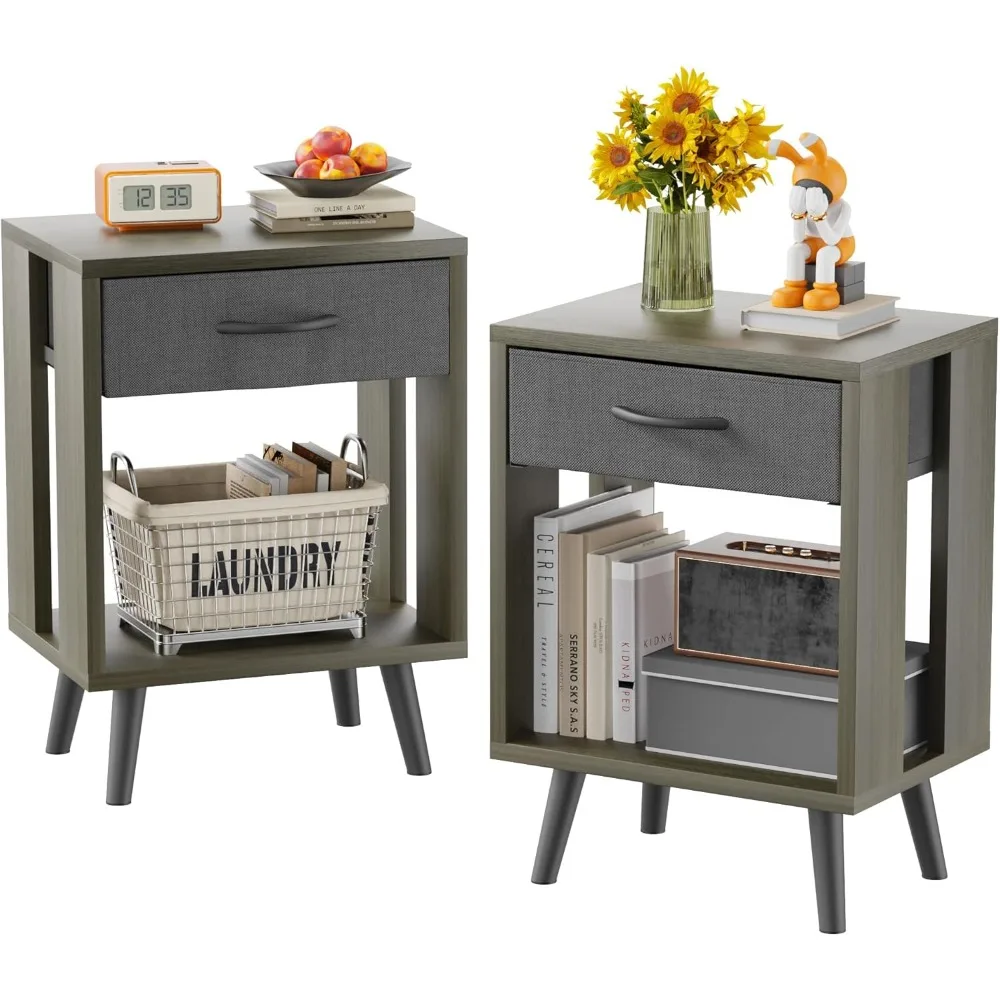 

Black Fabric Drawer Nightstands Set of 2 with Open Wood Shelves, Storage Side Tables for Bedroom and Bedside Use