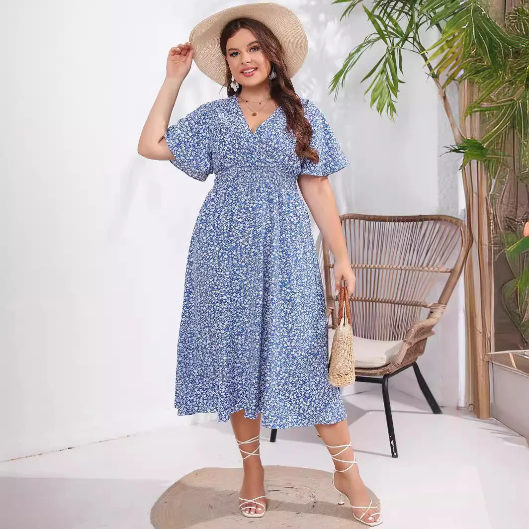 Vestido floral de manga curta feminino, decote em v, fino e elegante, simples, plus size, verão, novo