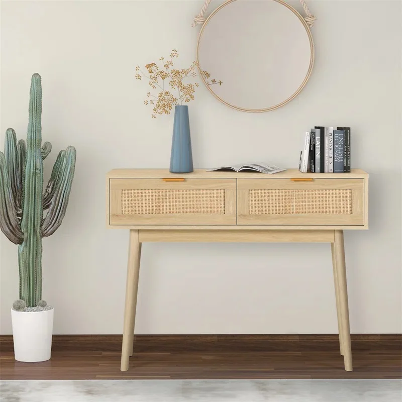 

Living room side table Natural color porch table with 2 drawers Fit entrance rattan porch table