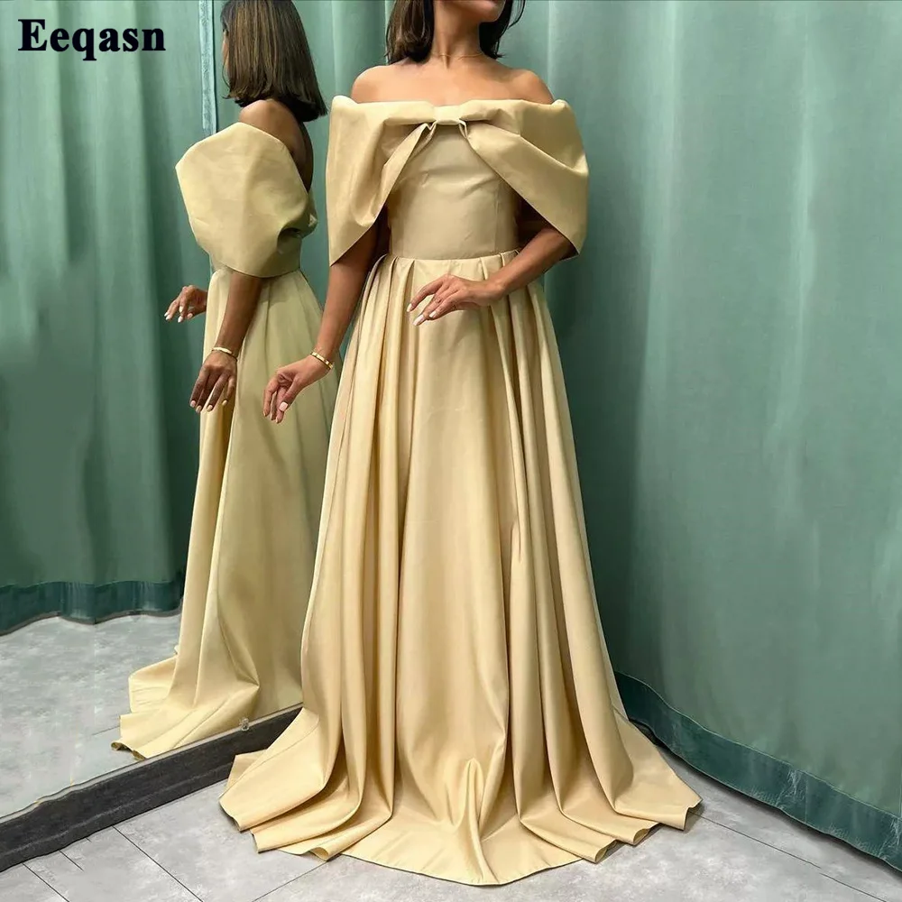 

Eeqasn Dark Champagne Formal Prom Gowns Saudi Arabic Cap Sleeves Satin Dubai Evening Dresses Long Women Bridesmaid Dress