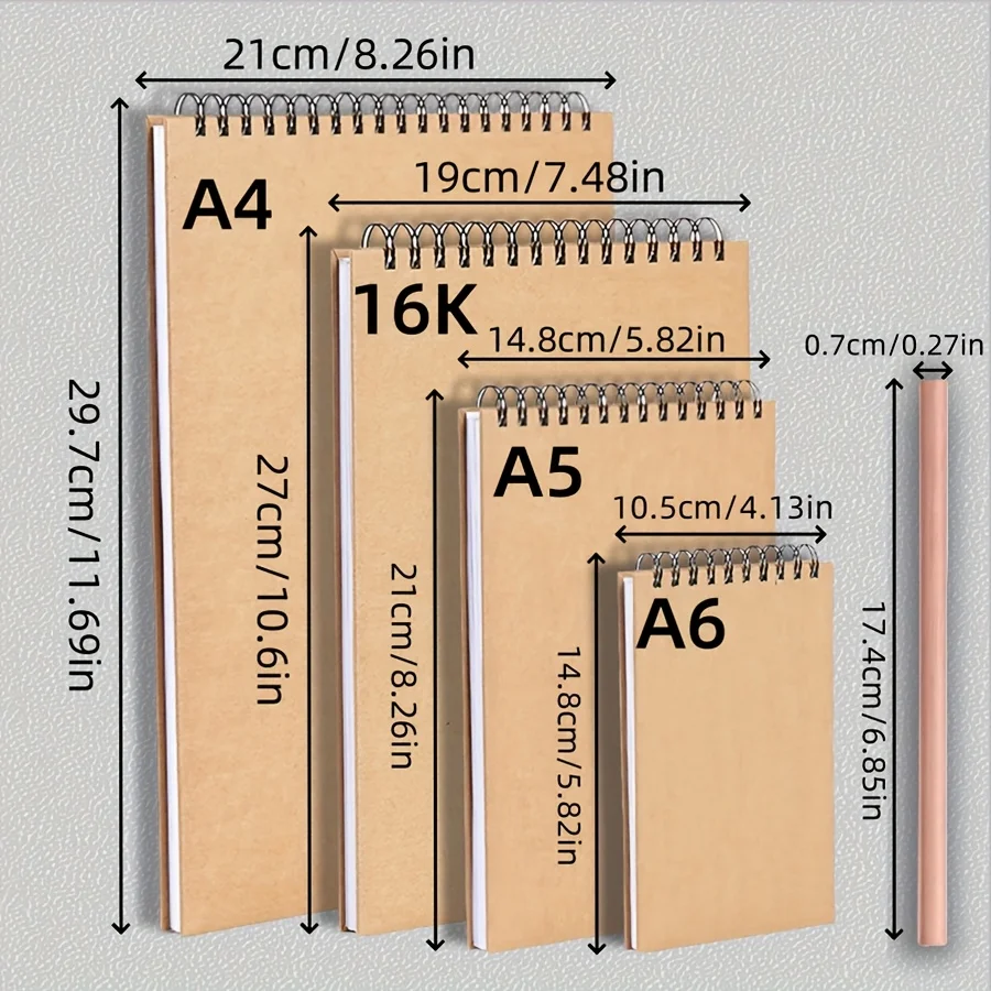 A4/16K/A5/A6 Two Sketchbooks + Two Colored Pencils, Top Spiral Binding, 30 Sheets Each, Perfect for Drawing Kits, Writing Artist