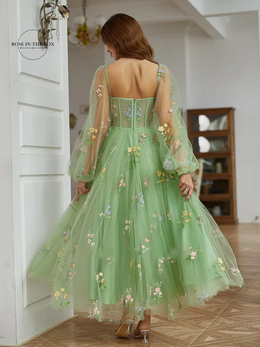 Corset Embroidered Prom Dresses Puff Sleeve Tea-Length Green Evening Party Dress Sweetheart Neck Tulle Midi Formal Gowns 2024