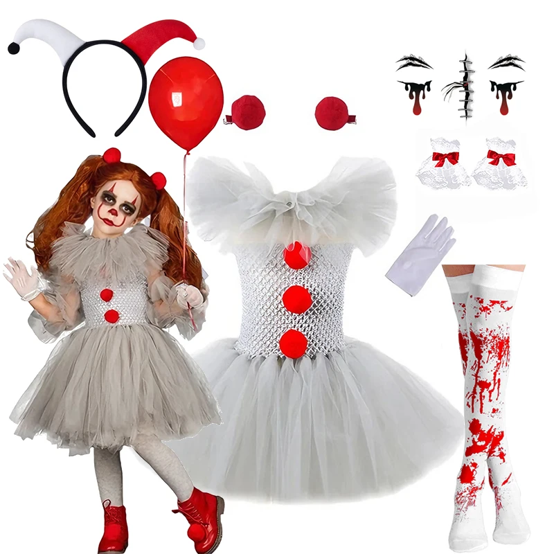 Kinder Mädchen Klassisches Clown-Kostüm Weißes Tüll-Tutu-Kleid mit Roten Pompons für Karneval Themenparty