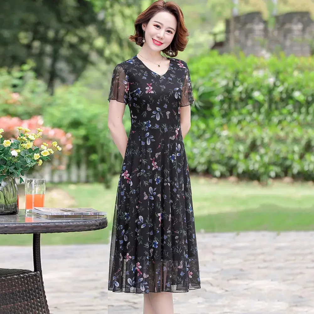 Summer Floral Dress Fashion Midi Large-Sized Skirt Woman Dress Vestido De Mujer Femme Robe