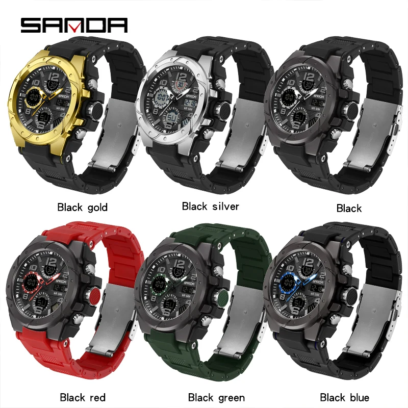 SANDA Men Sports Watches Dual Display Analog Digital LED Electronic Quartz Wristwatches Waterproof Swimming Military Watch 9009