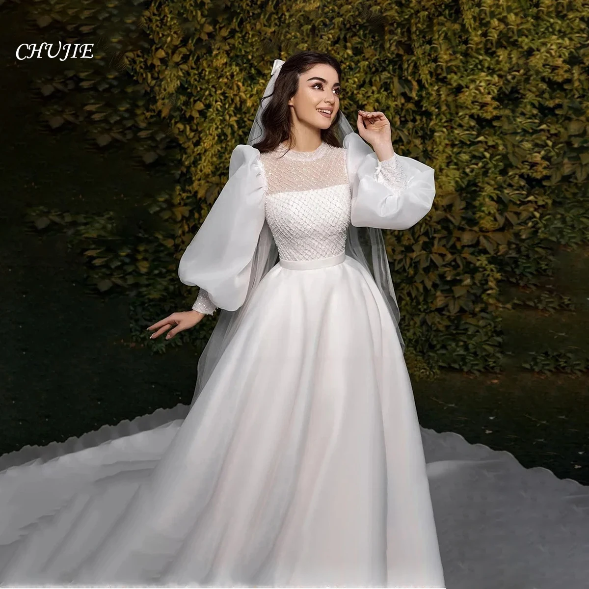 Elegant Arab Muslim Wedding Dresses Bridal Dress Long Sleeve Beading A Line Luxury Birde Gown Vestidos de novia فساتين زفا