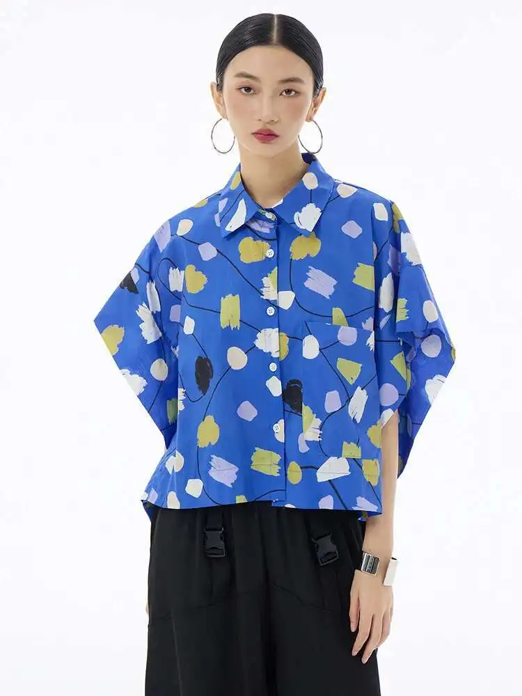 Women Blue Pattern Printed Big Size Casual Blouse New Lapel Short Sleeve Shirt Fashion Tide Spring Summer