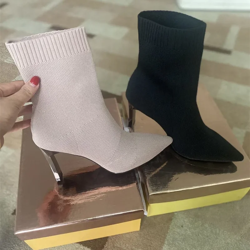 Simple Fashion Stretch Socks Boots for Women High Heels Shoes Knit Socks Boots Skinny Women Pointed Toe Ankle Boots Botas Mujer