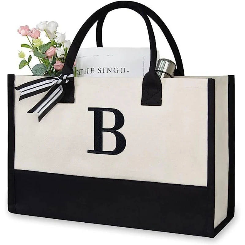 Canvas Tote Bag Women Large Capacity Handbag Contrast Color Shoulder Bag Thick Cotton Reusable Shopping Bag 26 Letters Available