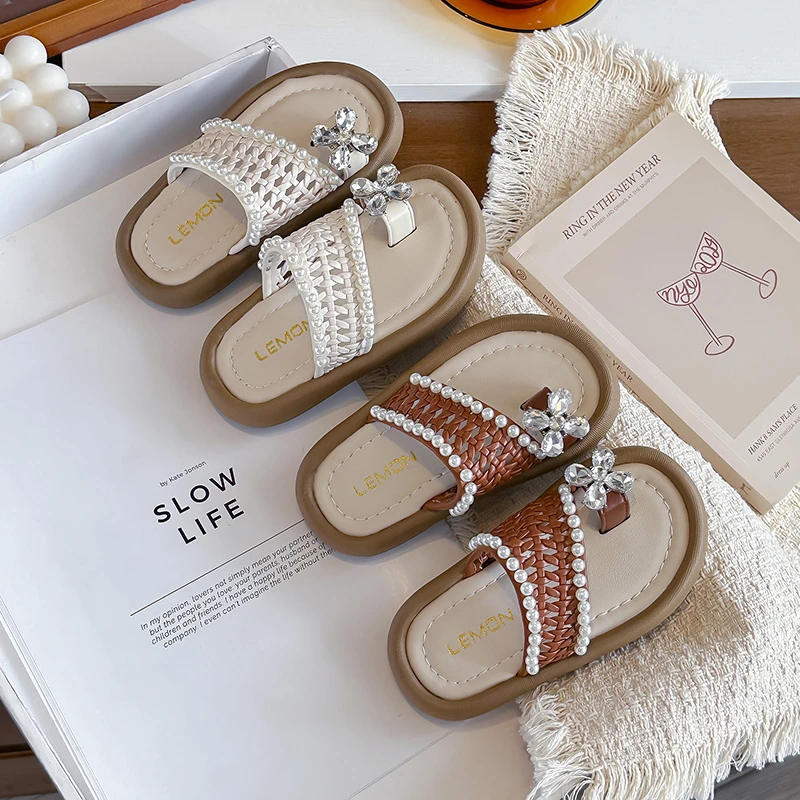 Kids Pearls Weave Slide Sandals Flower Open Toe Soft Sole Anti-slip Toddler Girls Casual Summer Shoes Children Princess Slippers