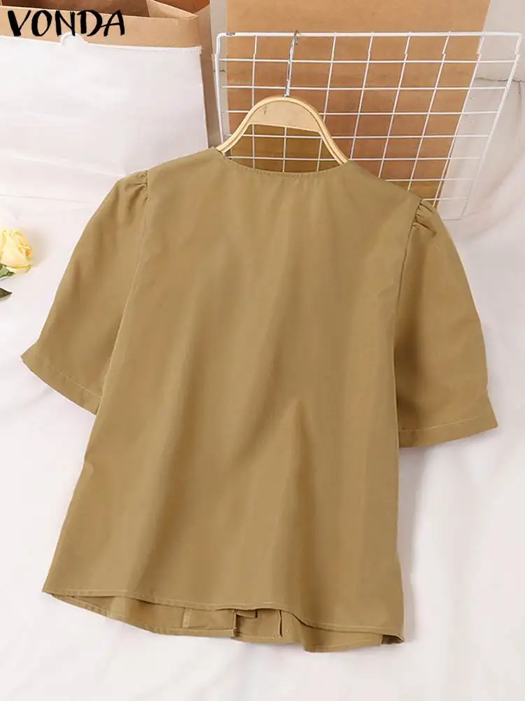 VONDA Elegant Women Blouses Shirts 2024 Summer Short Sleeve Round Neck Ruffled Buttons Tunic Tops Casual Loose Blusas Femininas