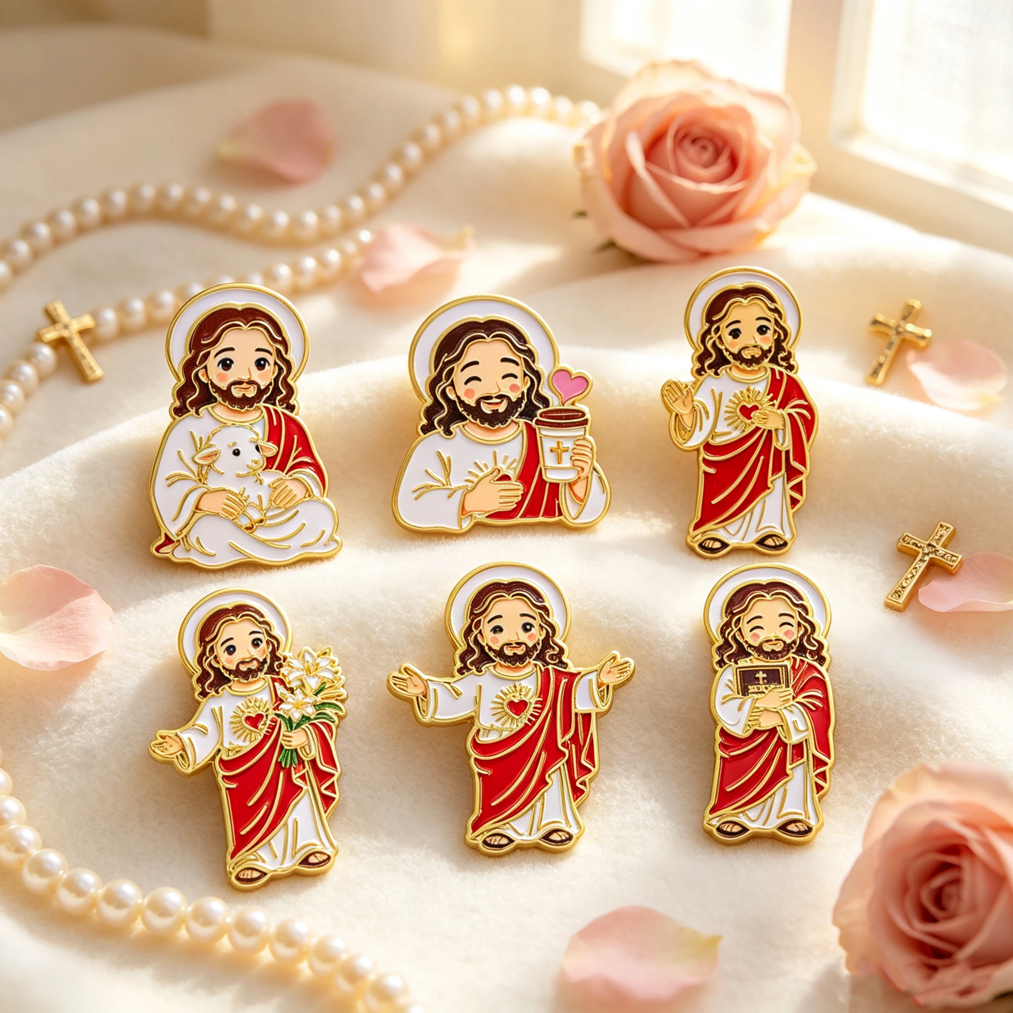 6pcs/Set Cute Cartoon Jesus Cross Enamel Pin Coffee Sheep Brooch Lapel Pin Badge on Backpack Clothing Accessories Jewelry Gifts