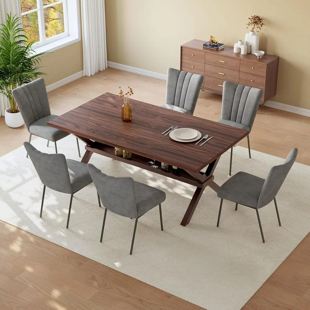 

63 Inch Elegant Dining Set with 6 Upholstered Chairs, Scratch-Resistant Surface, Durable Metal Legs, Ideal for Kitchens and Brea