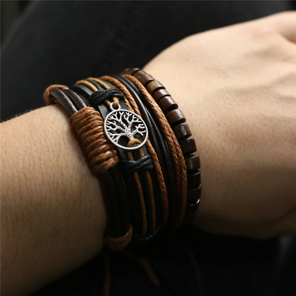 4 pcs/set Khaki Brown Handmade Punk Multilayer Wood Beads Tree Charm Leather Bracelets Men Bracelets Women Homme Jewelry