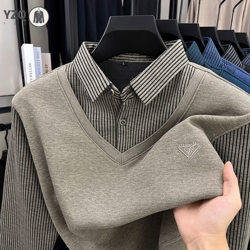 Male V Neck Faux Vest Shirt Lapel Striped Collar Lightweight Knit Fabric Dating and Workplace Long Sleeve Outfit