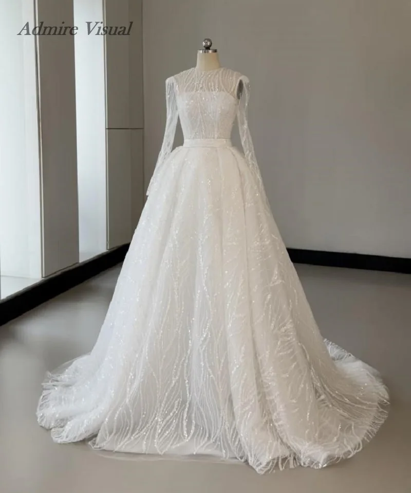 

Admire Visual Свадебное платье трапециевидной формы 2 в 1, кружевное платье с прозрачным вырезом и длинными рукавами, со шлейфом часовни, индивидуальные платья невесты